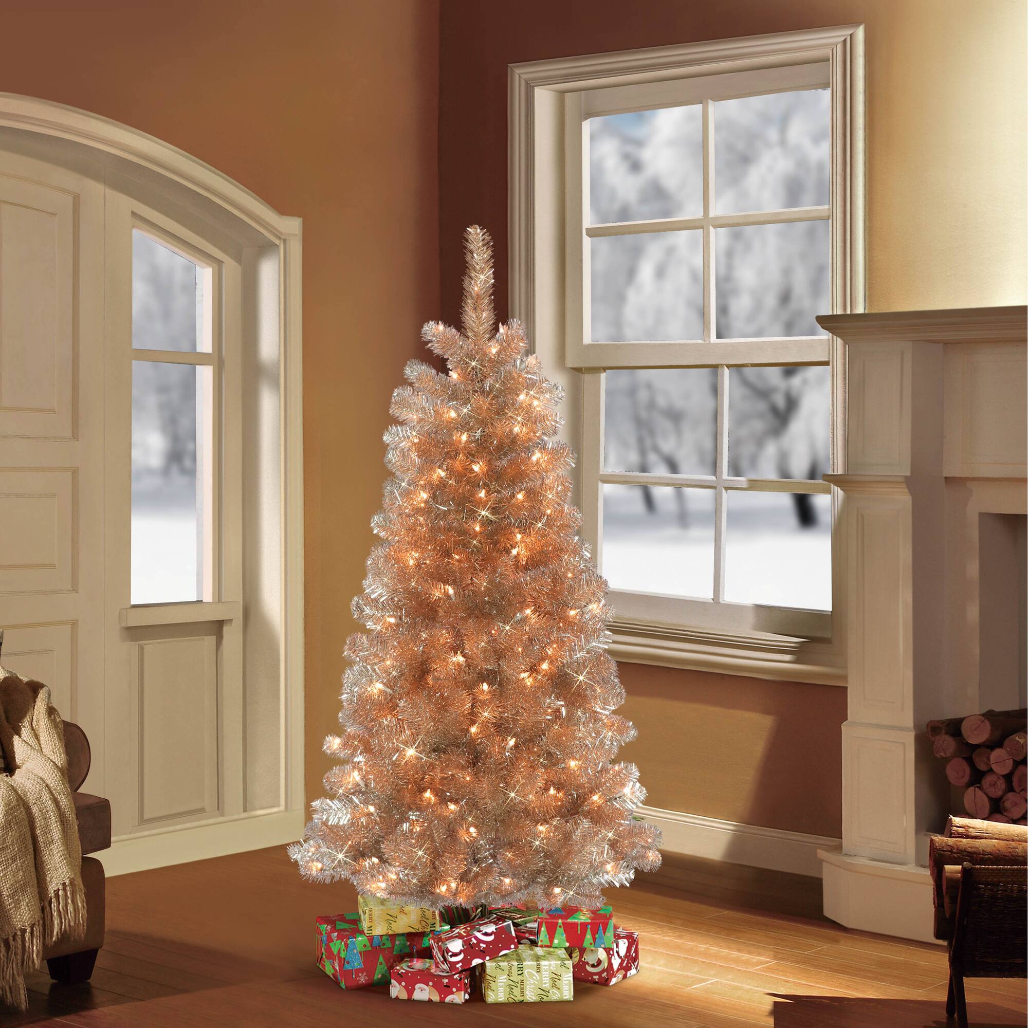 4.5ft. Pre-Lit Tinsel Artificial Christmas Tree, Clear Lights